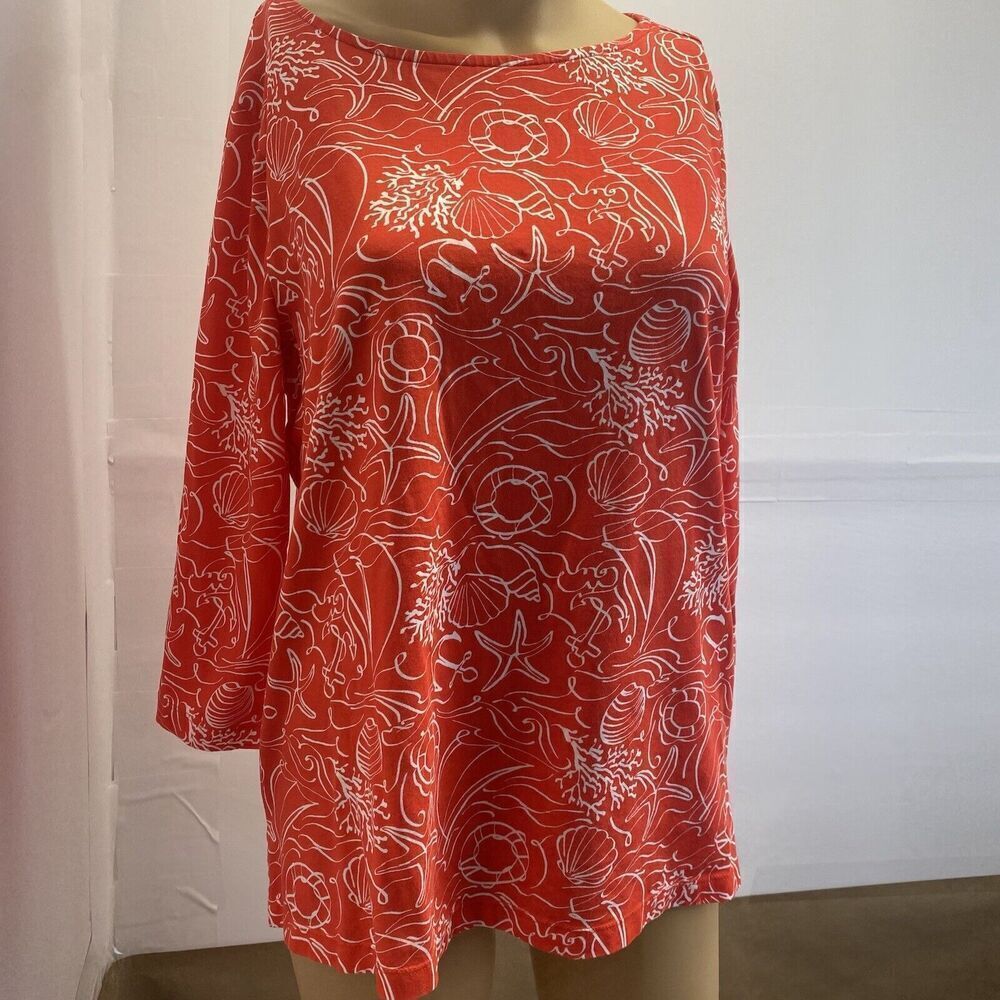 Appleseeds Womens Top Red Floral Blouse Lightweight 3/4 Sleeve Size PM Used